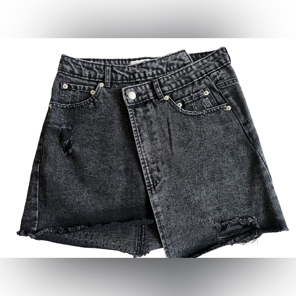 SUNDAY LOVER BOUTIQUE Asymmetrical Black Distressed Denim Jean Mini Skirt Small
